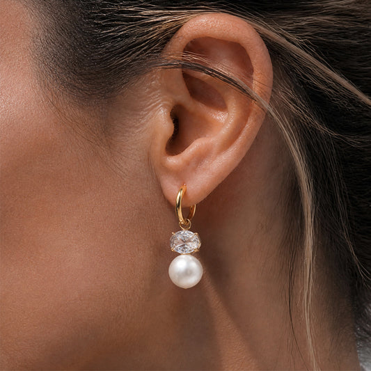 Gemma Diamond Pearl Drop Hoop Earrings