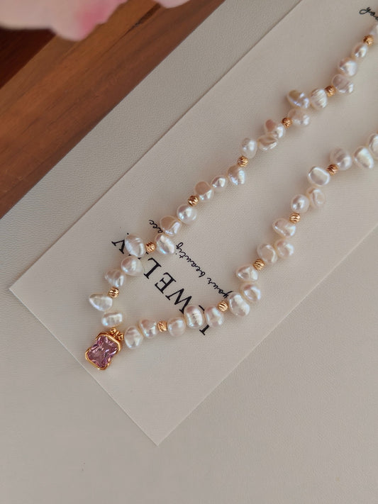 Natural Pearl Zircon Pendant Necklace - 18K Gold Plated Sterling Silver | Vinajewelry