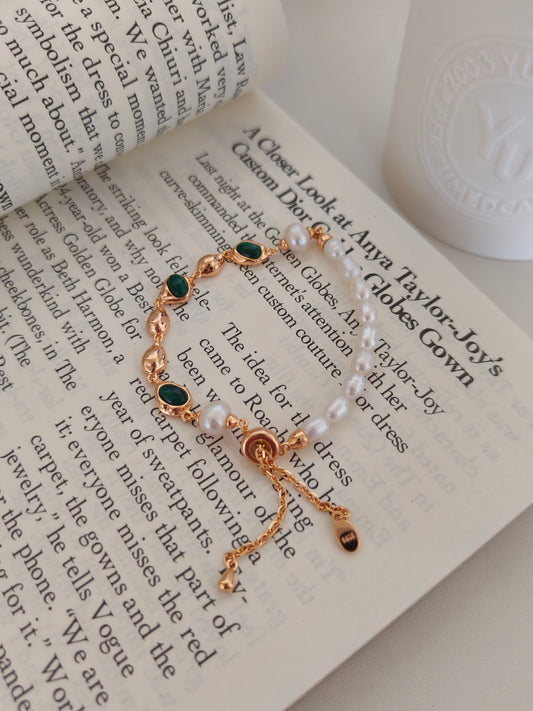 Malachite Pearl Bracelet - 18K Gold Plated Sterling Silver Adjustable | Vinajewelry