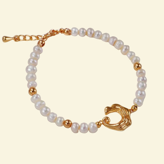 Wave-shaped natural pearl beaded bracelet 18K gold