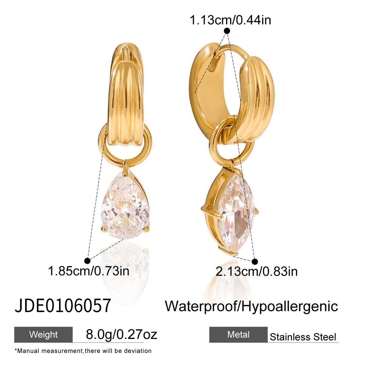 Luxury Teardrop Diamond Pendant Hoop Earrings with 18K Gold Plated Stainless Steel