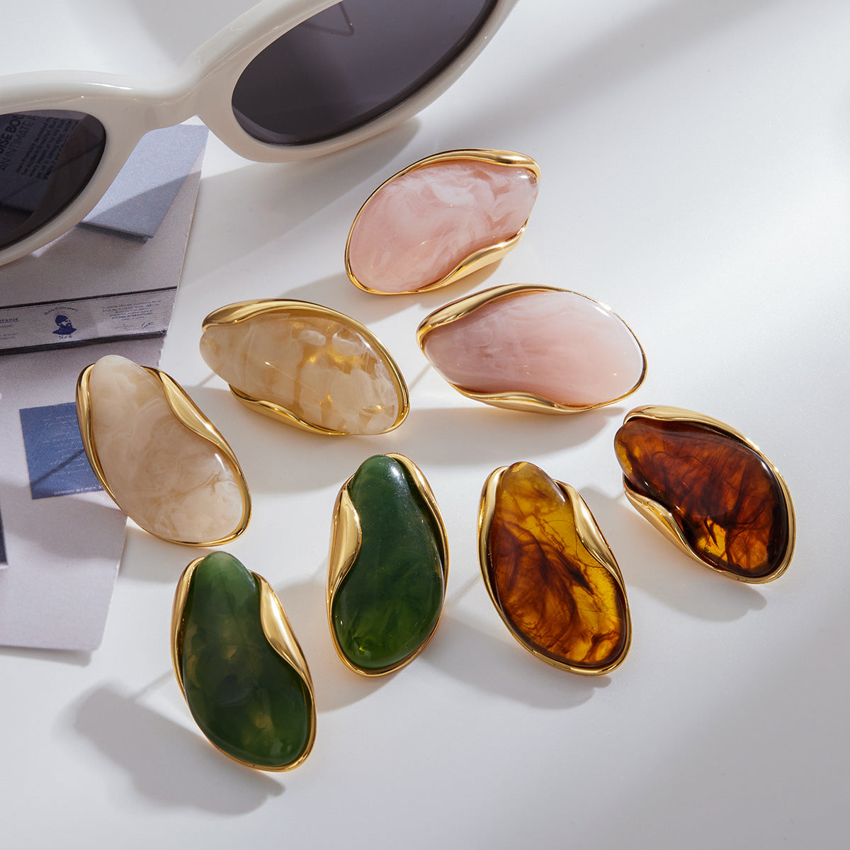 Amber Resin Stud Earrings 18K Gold Plated - Geometric Minimalist Jewelry