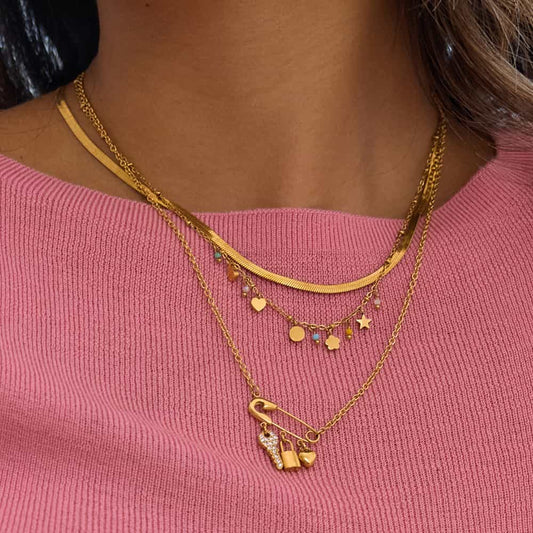 Luxury Diamond Key Lock Heart Paperclip Pendant Stacked Necklace 18k Gold