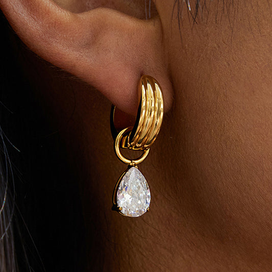 Luxury Teardrop Diamond Pendant Hoop Earrings with 18K Gold Plated Stainless Steel