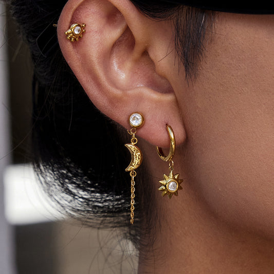 Sun Moon Stud Earring Set 18K Gold - Waterproof Diamond Earrings | Vinajewelry