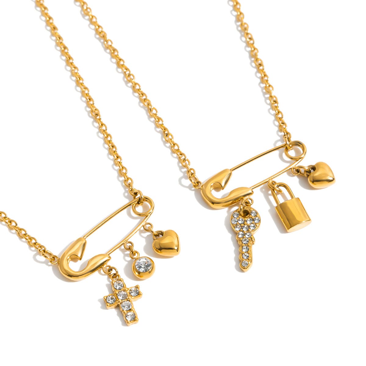 Luxury Diamond Cross Heart Paperclip Pendant Stacked Necklace 18k Gold