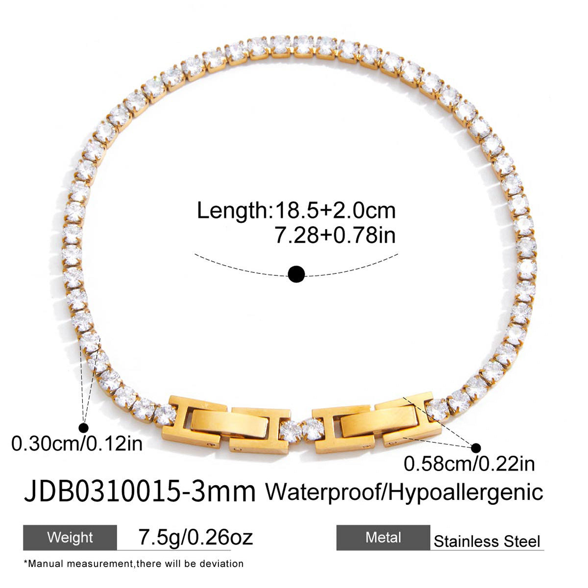 Luxurious Minimalist 18K 3mm Diamond Tennis Chain Bracelet
