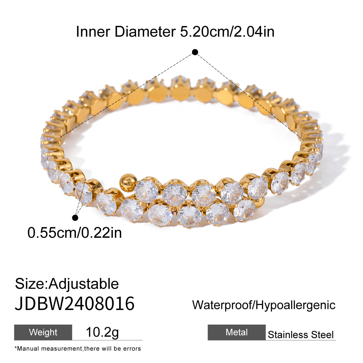 Luxurious 18K Gold Open Adjustable Diamonds Bracelet