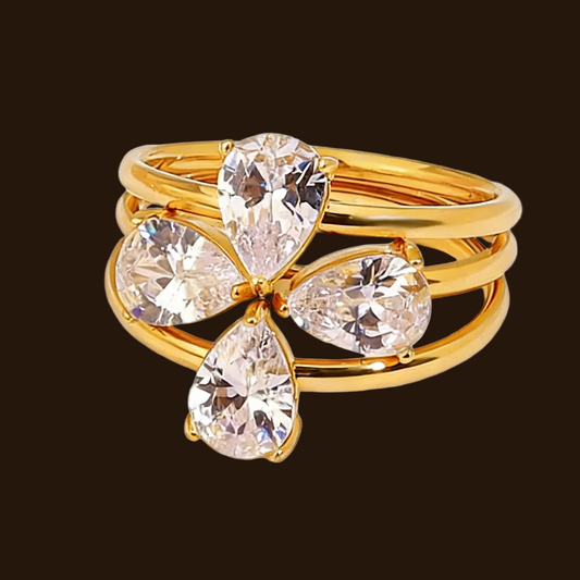 Luxury four-leaf clover diamond triple-stack 18k gold ring