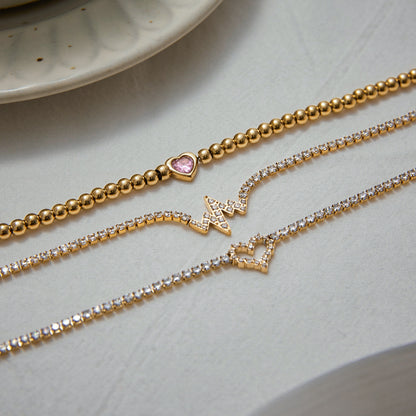 Luxurious 18K Gold Heart and Diamond Beaded Bracelet