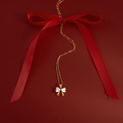 Sweet 18K Gold Bowknot Diamond Pendant Necklace