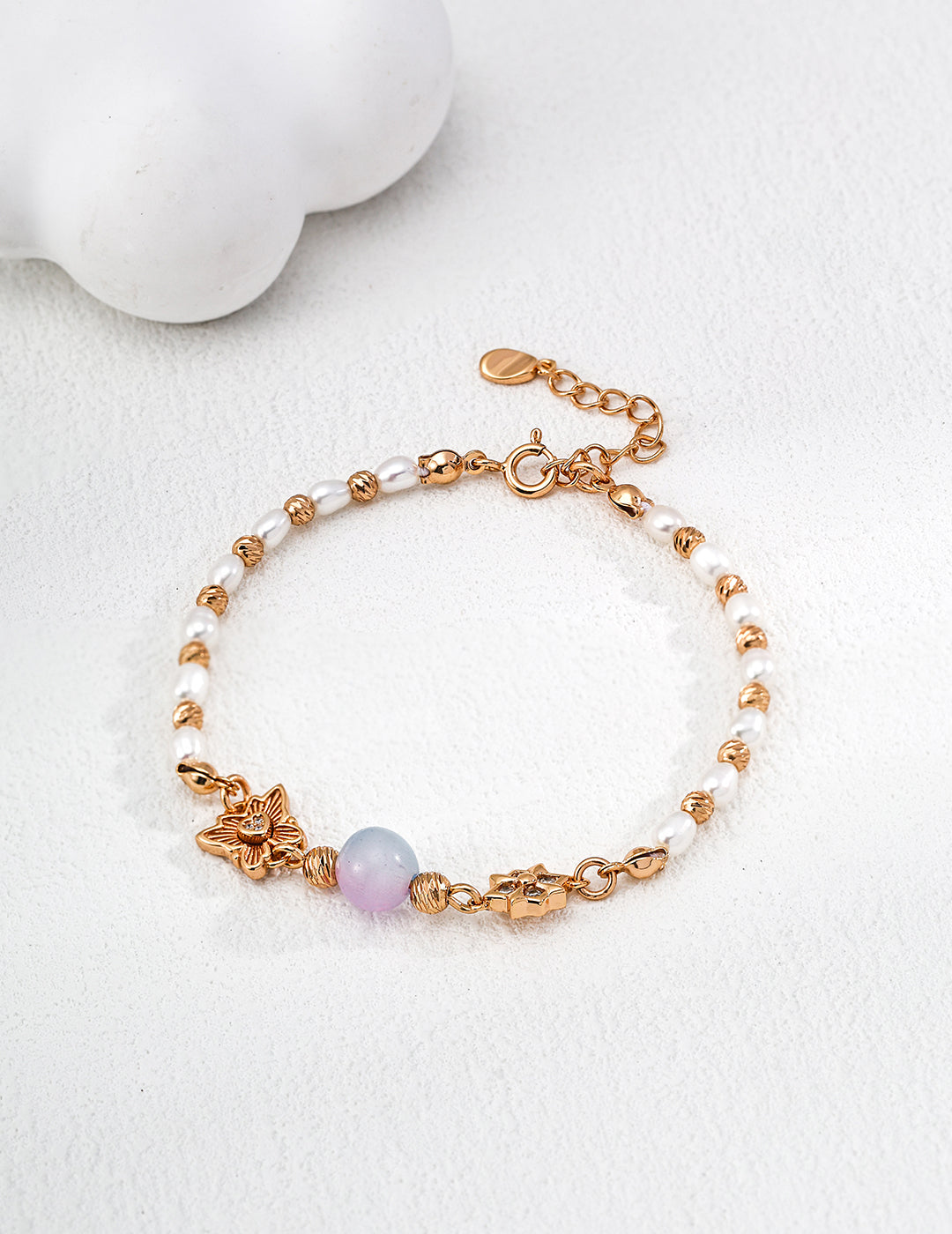 Gradient cat's eye pearl beaded bracelet with zirconia 18K gold sterling silver