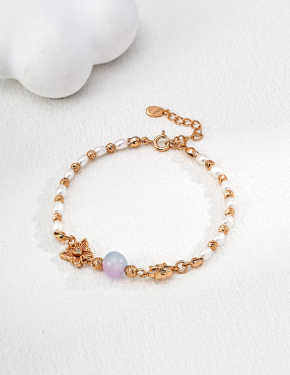 Gradient cat's eye pearl beaded bracelet with zirconia 18K gold sterling silver