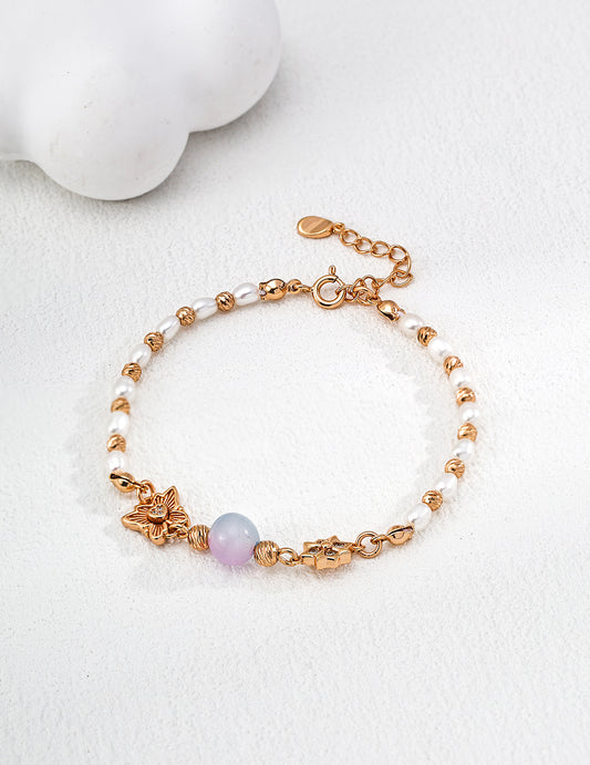 Gradient cat's eye pearl beaded bracelet with zirconia 18K gold sterling silver