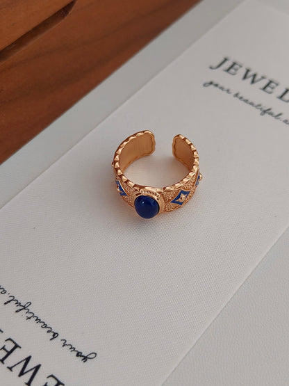Vintage Lapis Lazuli Open Ring - 18K Gold Plated Sterling Silver Adjustable | Vinajewelry