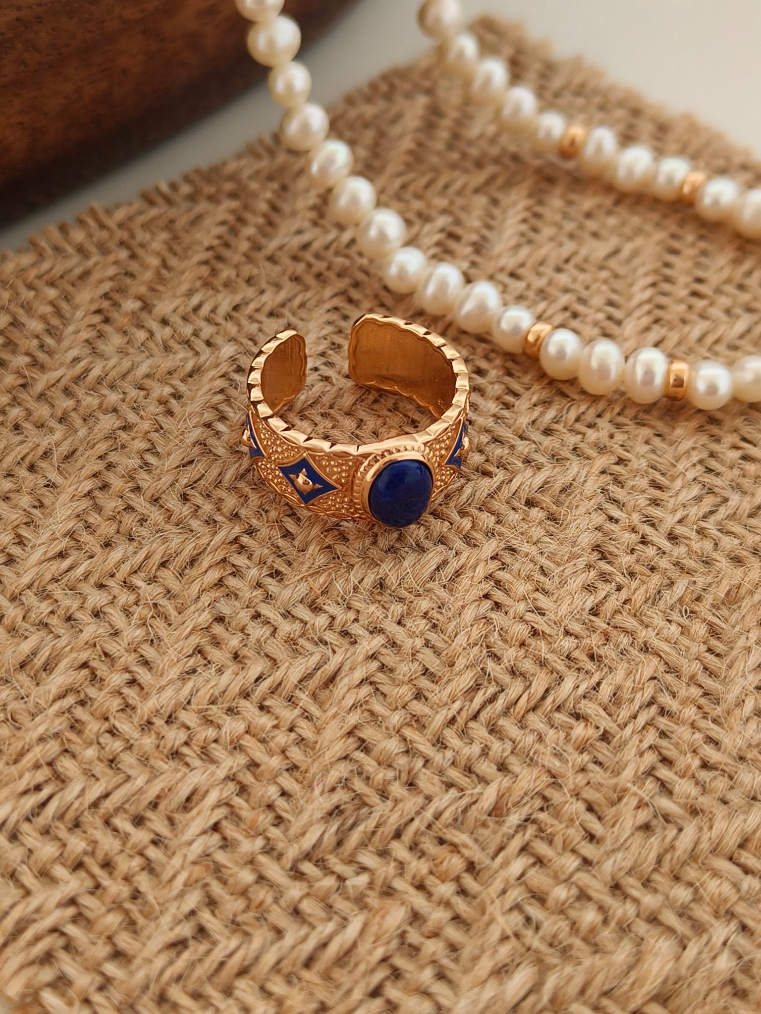 Vintage Lapis Lazuli Open Ring - 18K Gold Plated Sterling Silver Adjustable | Vinajewelry
