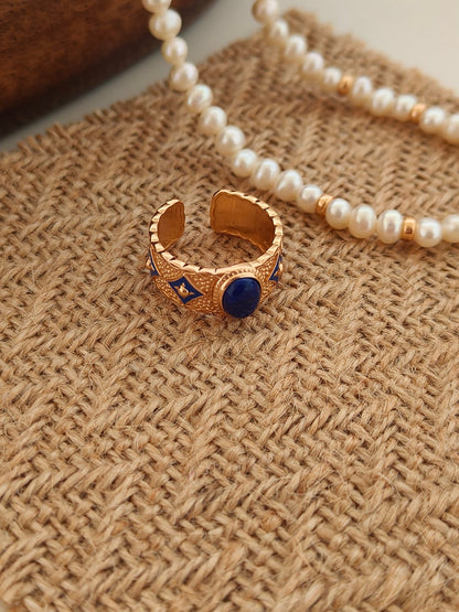 Vintage Lapis Lazuli Open Ring - 18K Gold Plated Sterling Silver Adjustable | Vinajewelry