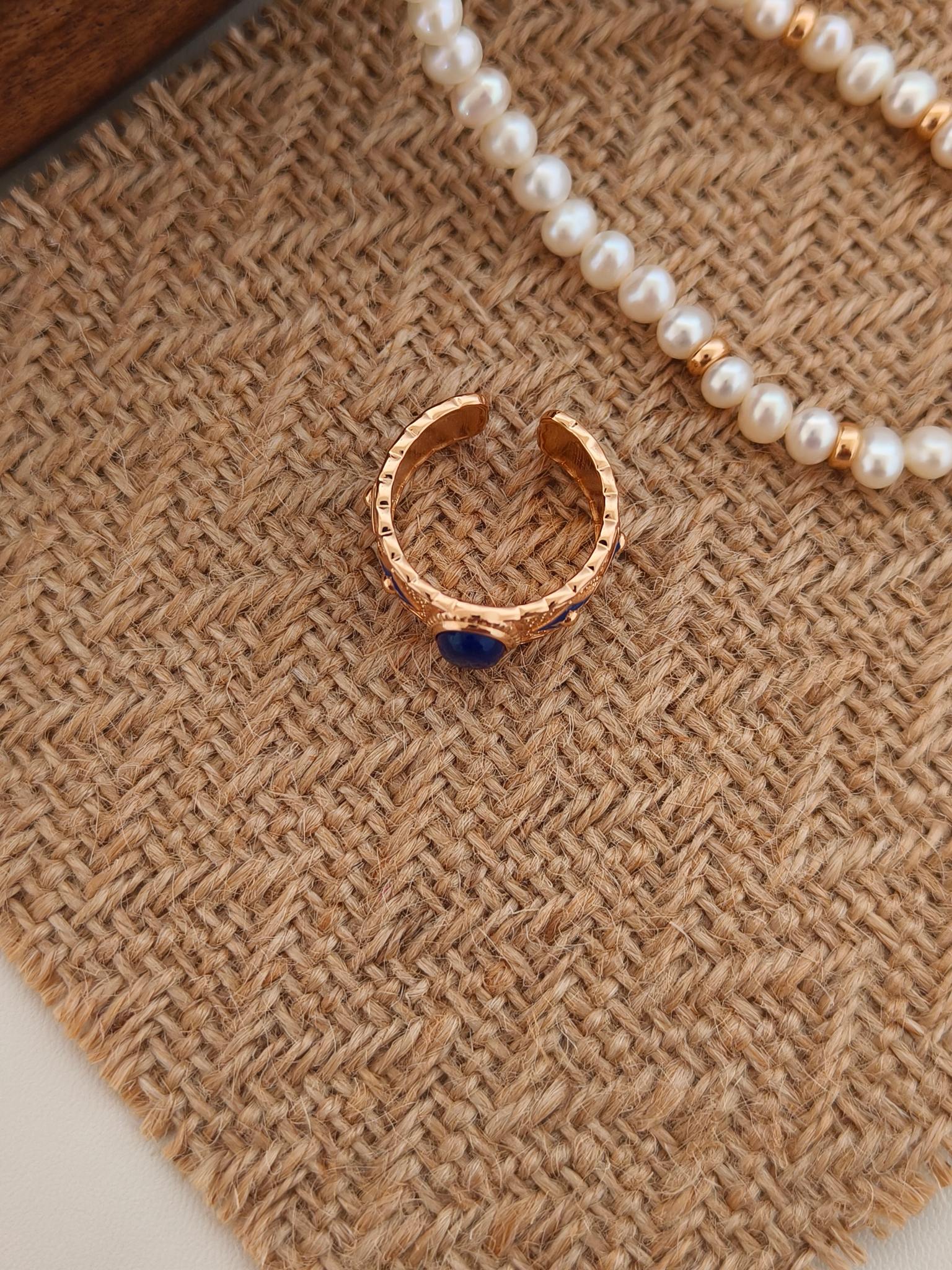 Vintage Lapis Lazuli Open Ring - 18K Gold Plated Sterling Silver Adjustable | Vinajewelry