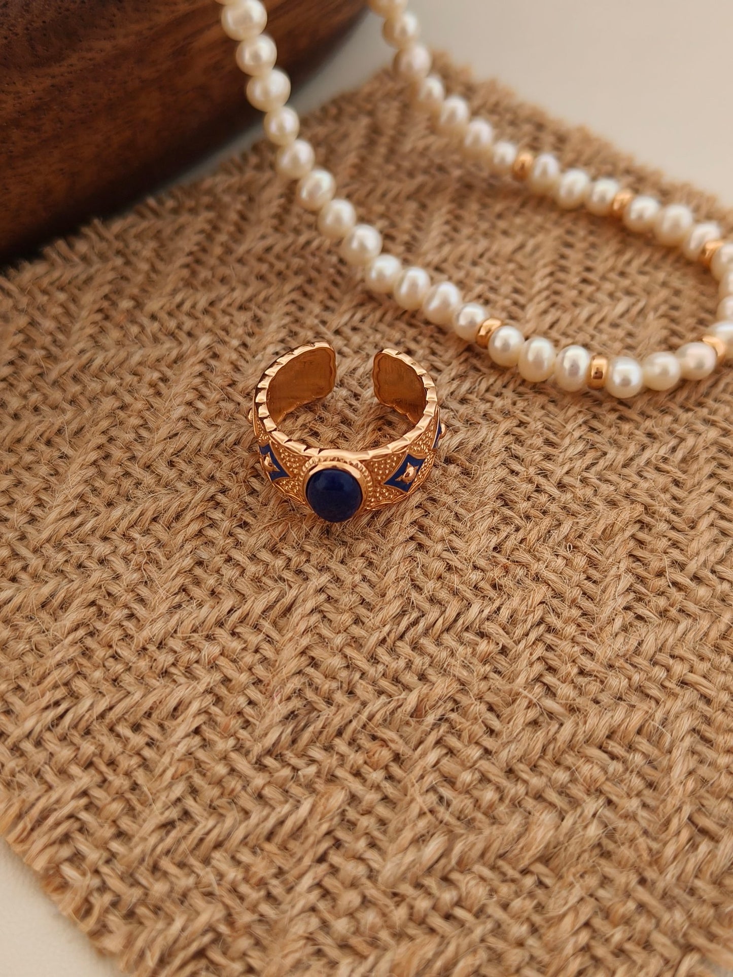 Vintage Lapis Lazuli Open Ring - 18K Gold Plated Sterling Silver Adjustable | Vinajewelry