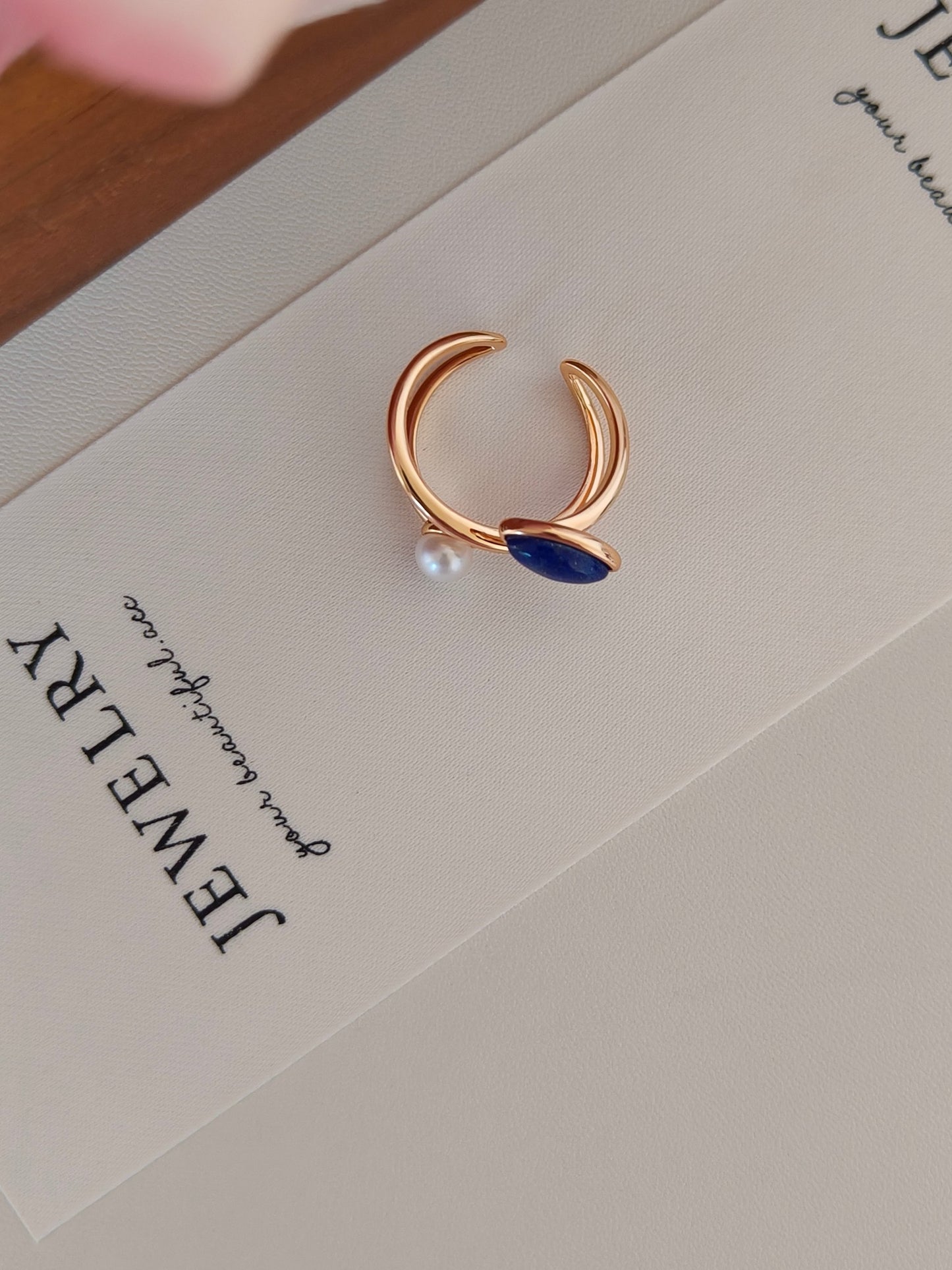 Lapis Lazuli Pearl Open Ring - 18K Gold Plated Sterling Silver Adjustable | Vinajewelry