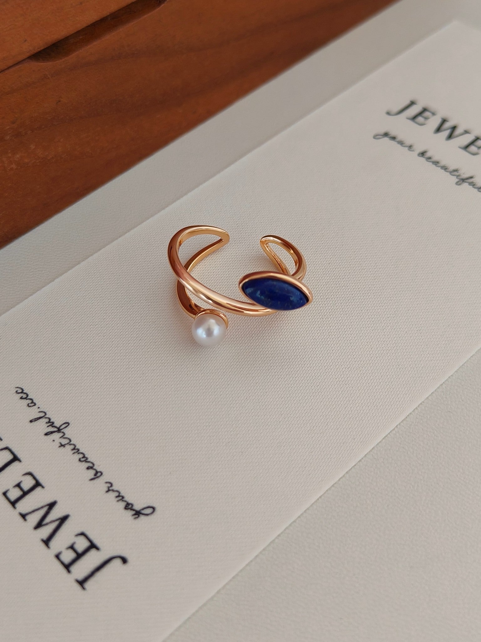 Lapis Lazuli Pearl Open Ring - 18K Gold Plated Sterling Silver Adjustable | Vinajewelry