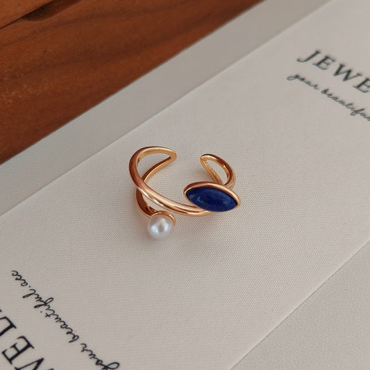 Elegant Lapis Lazuli Freshwater Pearl Open Sterling Silver Ring