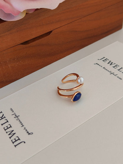 Lapis Lazuli Pearl Open Ring - 18K Gold Plated Sterling Silver Adjustable | Vinajewelry