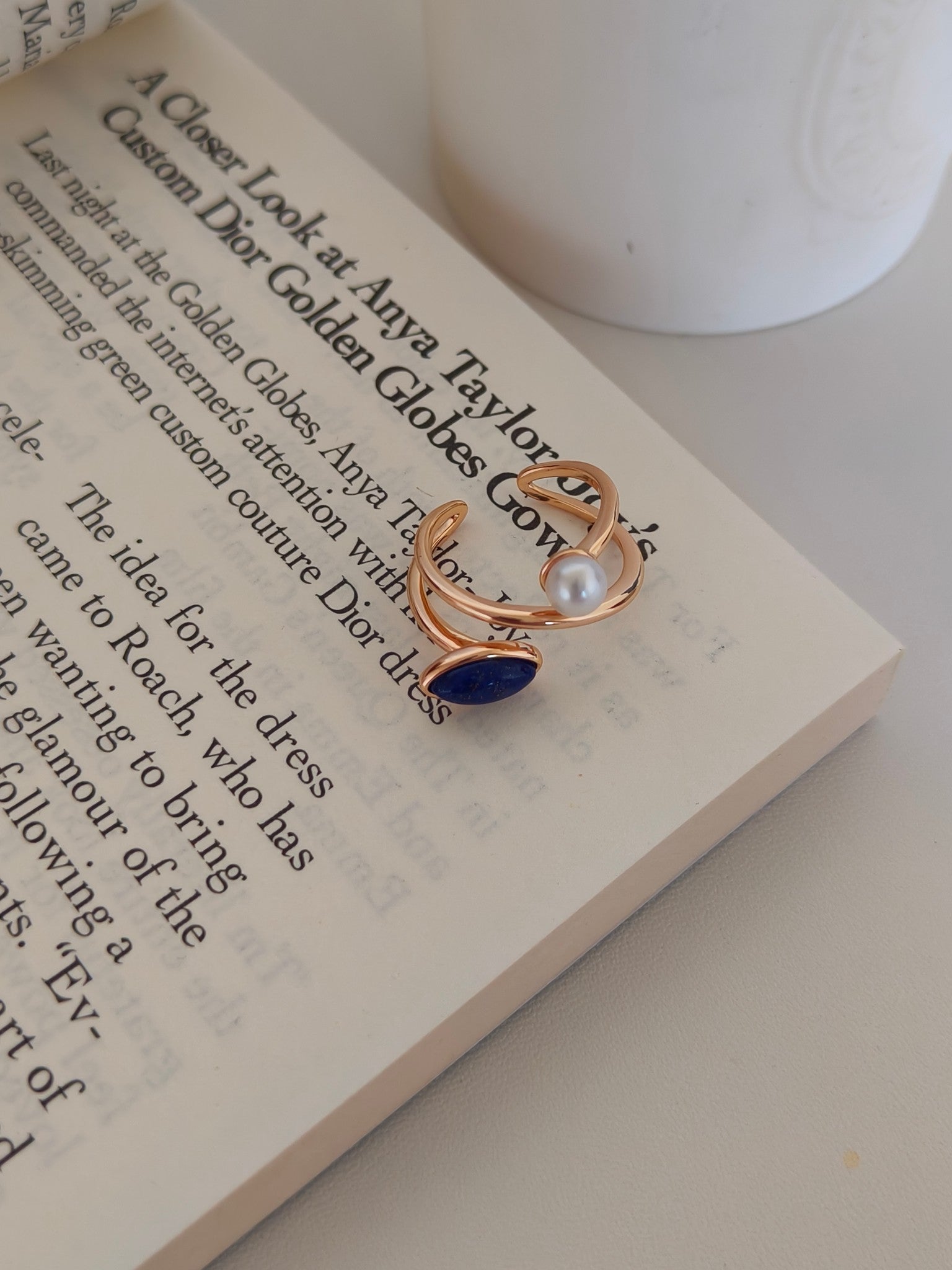 Lapis Lazuli Pearl Open Ring - 18K Gold Plated Sterling Silver Adjustable | Vinajewelry