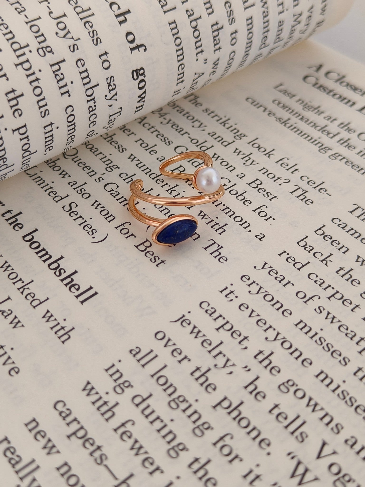 Lapis Lazuli Pearl Open Ring - 18K Gold Plated Sterling Silver Adjustable | Vinajewelry