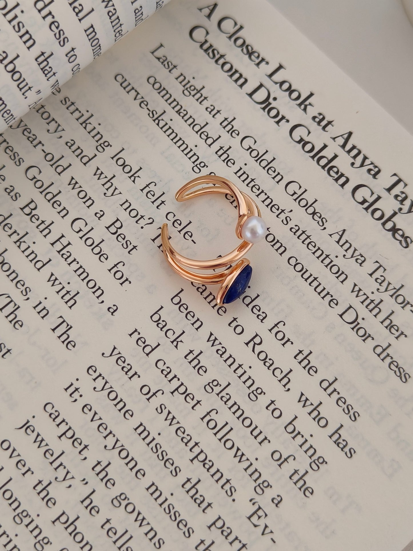 Lapis Lazuli Pearl Open Ring - 18K Gold Plated Sterling Silver Adjustable | Vinajewelry