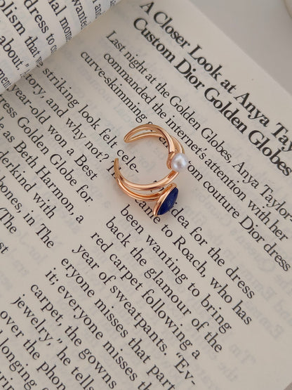 Lapis Lazuli Pearl Open Ring - 18K Gold Plated Sterling Silver Adjustable | Vinajewelry