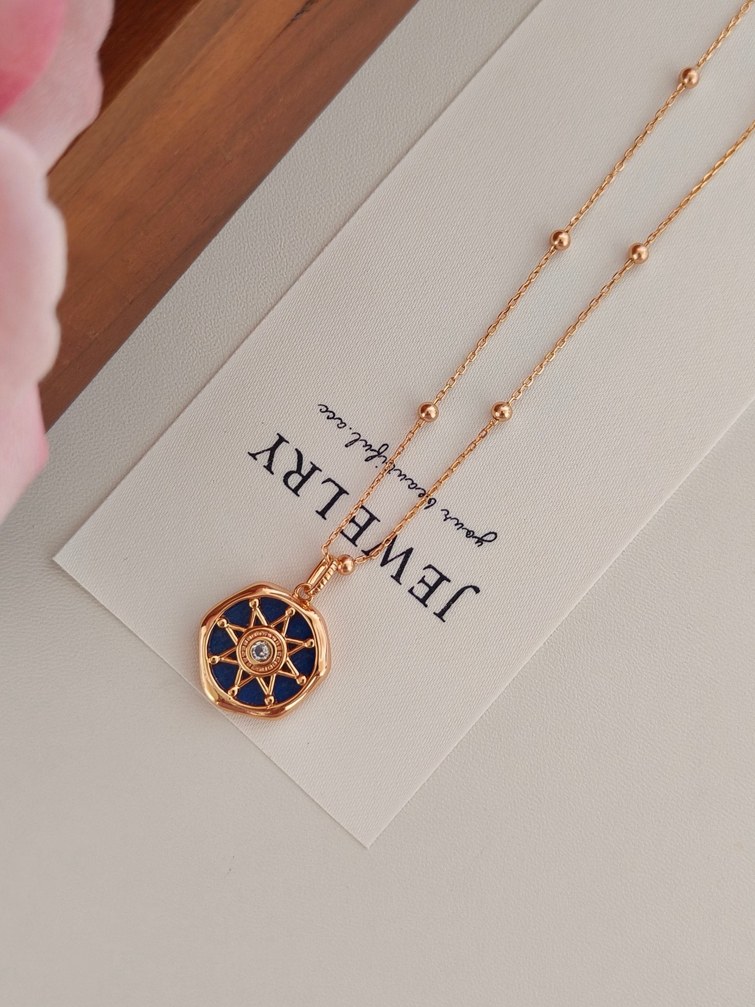 Vintage Lapis Lazuli Diamond Pendant Necklace - 18K Gold Plated | Vinajewelry