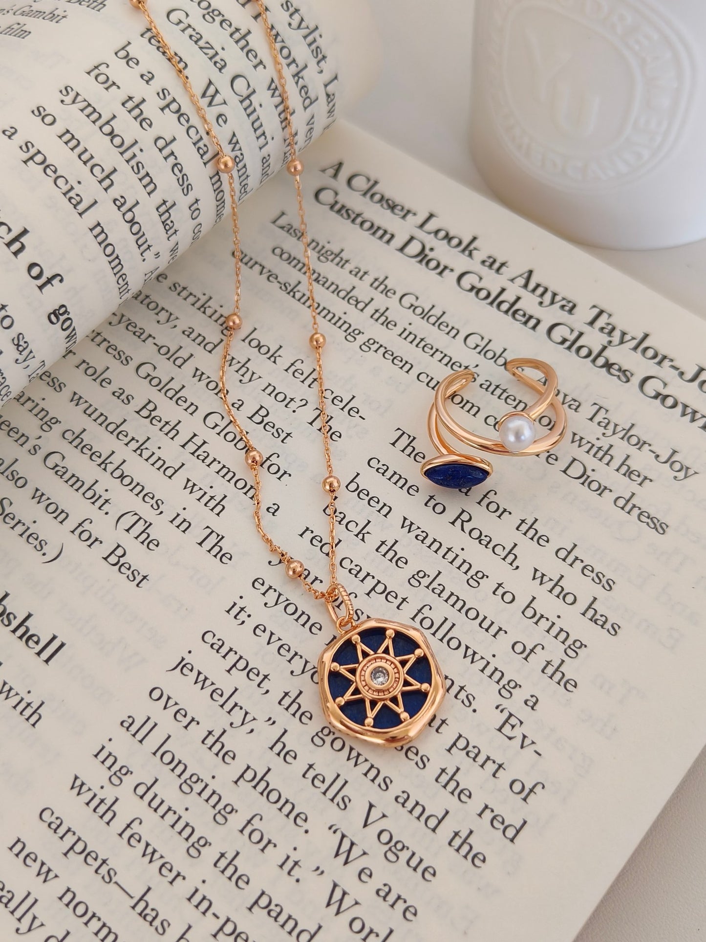 Vintage Lapis Lazuli Diamond Pendant Necklace - 18K Gold Plated | Vinajewelry