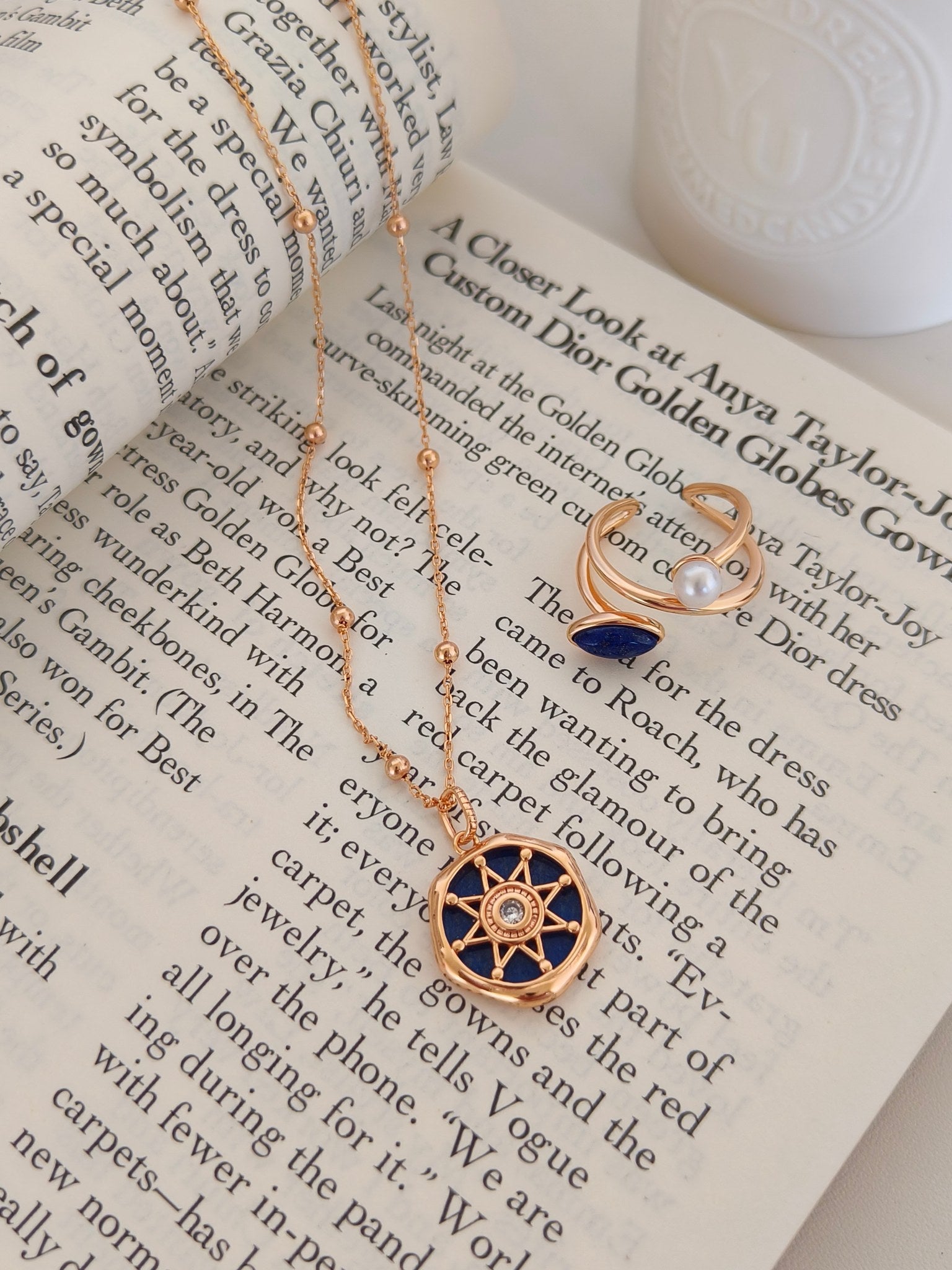 Vintage Lapis Lazuli Diamond Pendant Necklace - 18K Gold Plated | Vinajewelry