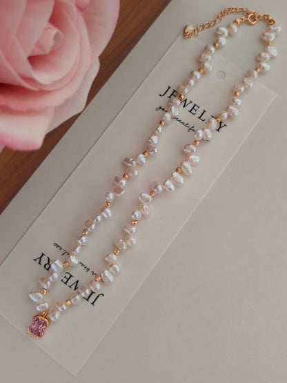 Natural pearl zircon pendant necklace 18K gold plated sterling silver