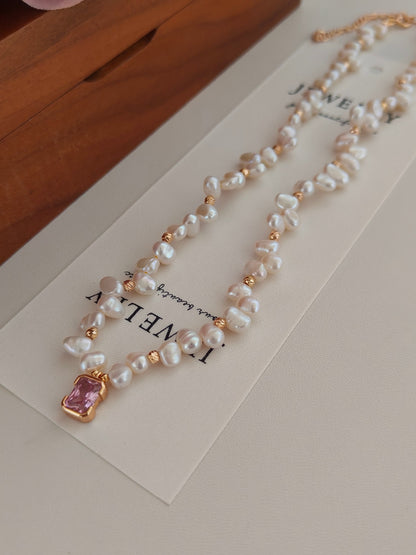 Natural Pearl Zircon Pendant Necklace - 18K Gold Plated Sterling Silver | Vinajewelry