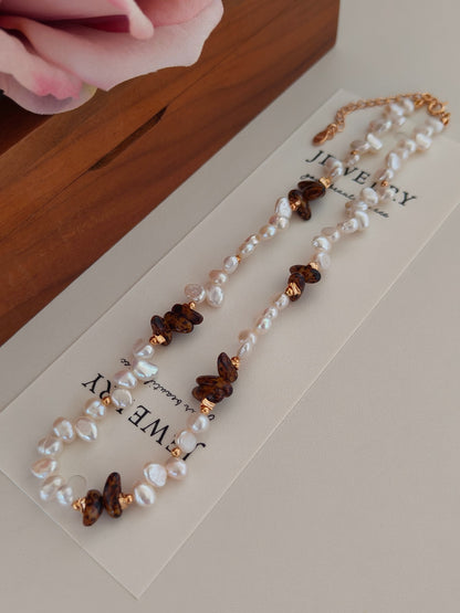 Natural Pearl Czech Glass Beaded Necklace - 18K Gold Plated | Vinajewelry