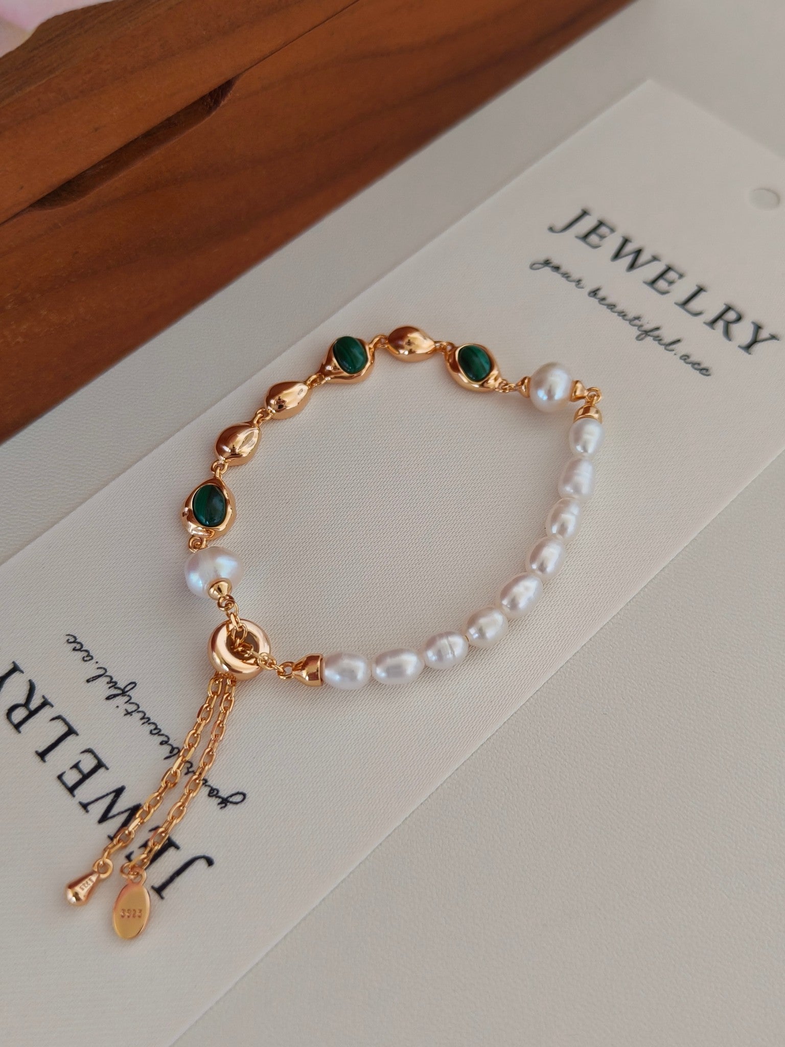 Malachite Pearl Bracelet - 18K Gold Plated Sterling Silver Adjustable | Vinajewelry