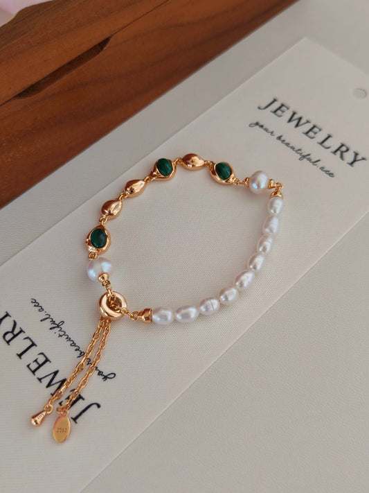 Malachite Pearl Bracelet - 18K Gold Plated Sterling Silver Adjustable | Vinajewelry