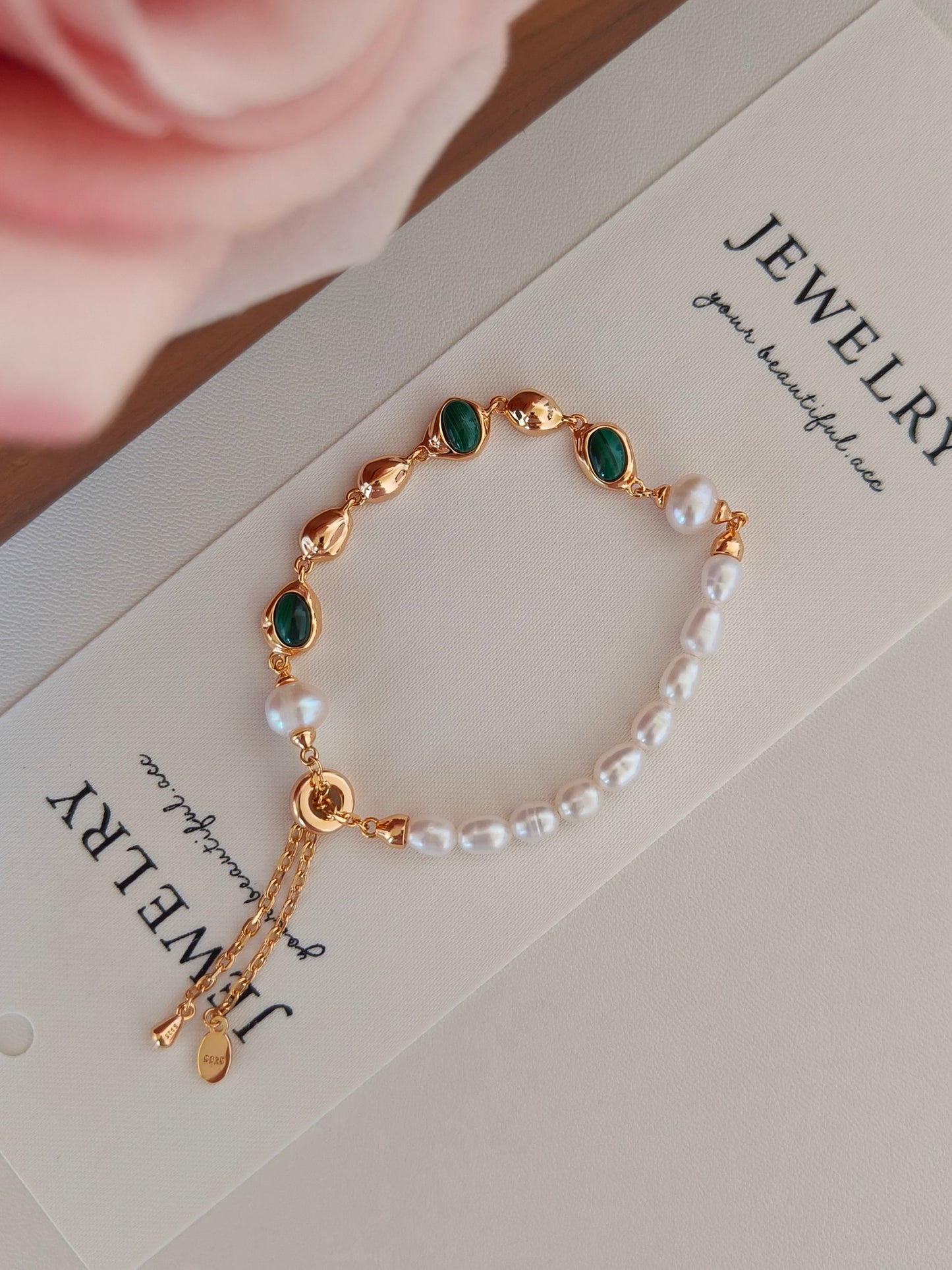 Malachite Pearl Bracelet - 18K Gold Plated Sterling Silver Adjustable | Vinajewelry