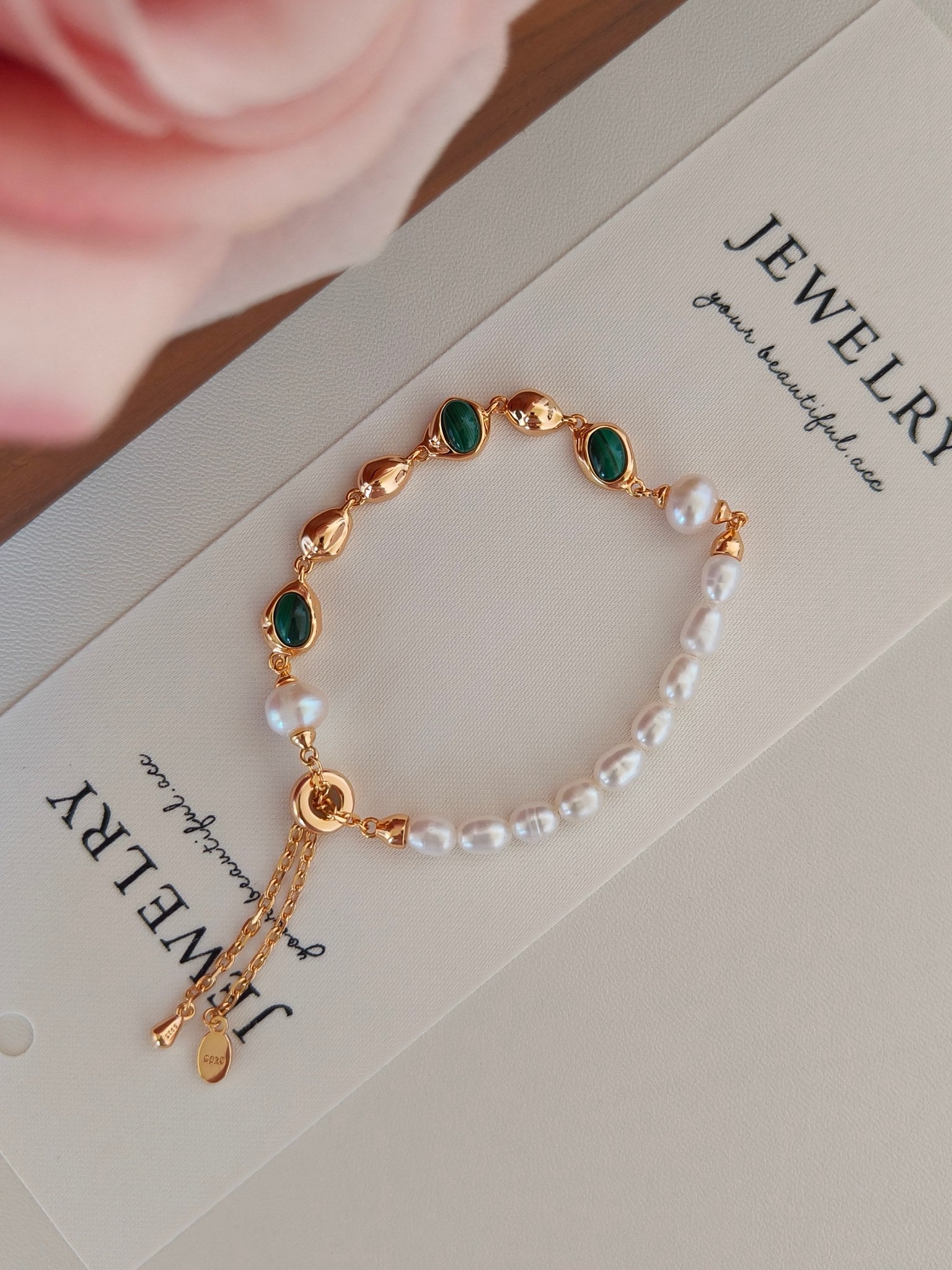 Malachite Pearl Bracelet - 18K Gold Plated Sterling Silver Adjustable | Vinajewelry