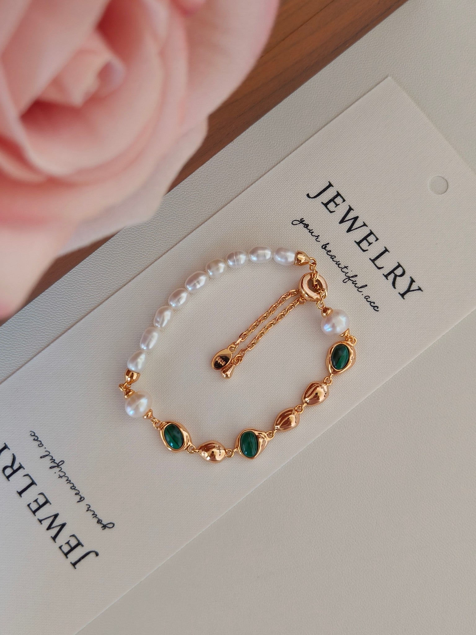 Malachite Pearl Bracelet - 18K Gold Plated Sterling Silver Adjustable | Vinajewelry