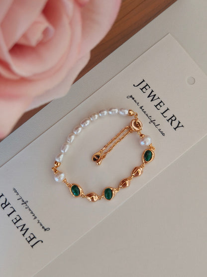 Malachite Pearl Bracelet - 18K Gold Plated Sterling Silver Adjustable | Vinajewelry