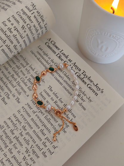 Malachite Pearl Bracelet - 18K Gold Plated Sterling Silver Adjustable | Vinajewelry