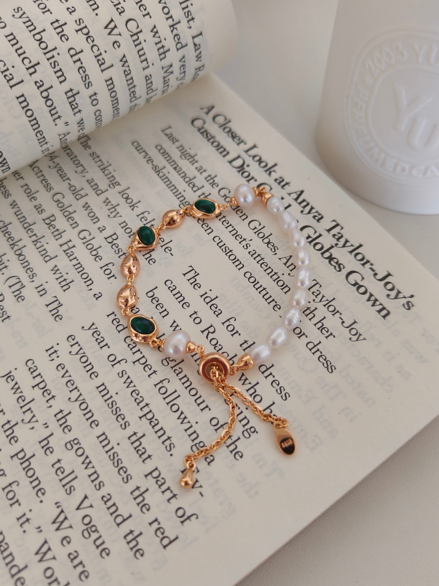Malachite Pearl Bracelet - 18K Gold Plated Sterling Silver Adjustable | Vinajewelry