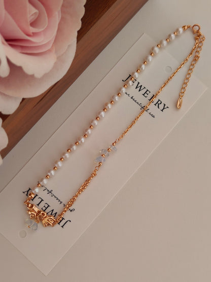 Natural pearl moonstone bow pendant necklace adjustable 18K gold