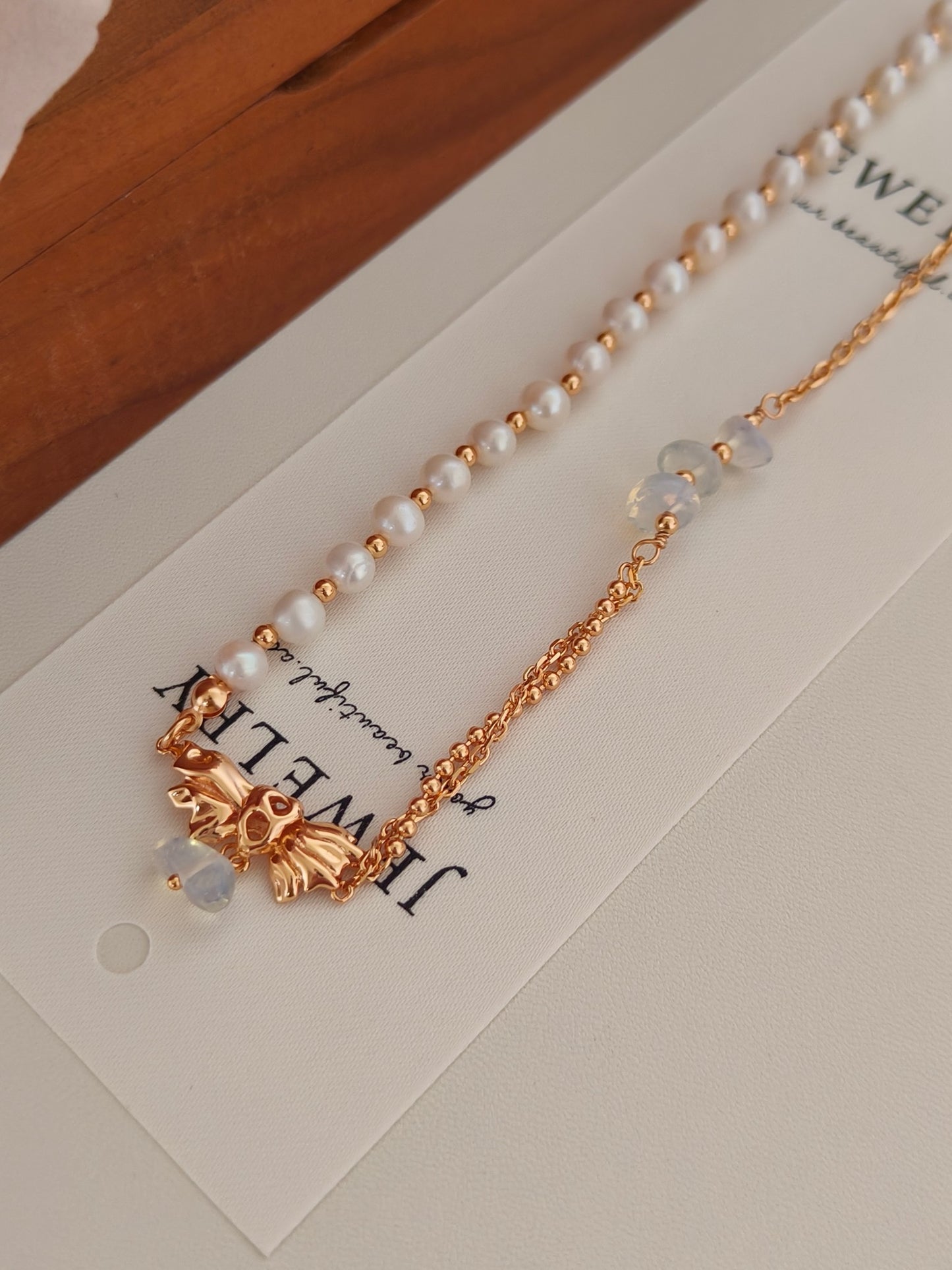 Natural Pearl Moonstone Bow Necklace - 18K Gold Plated Adjustable | Vinajewelry