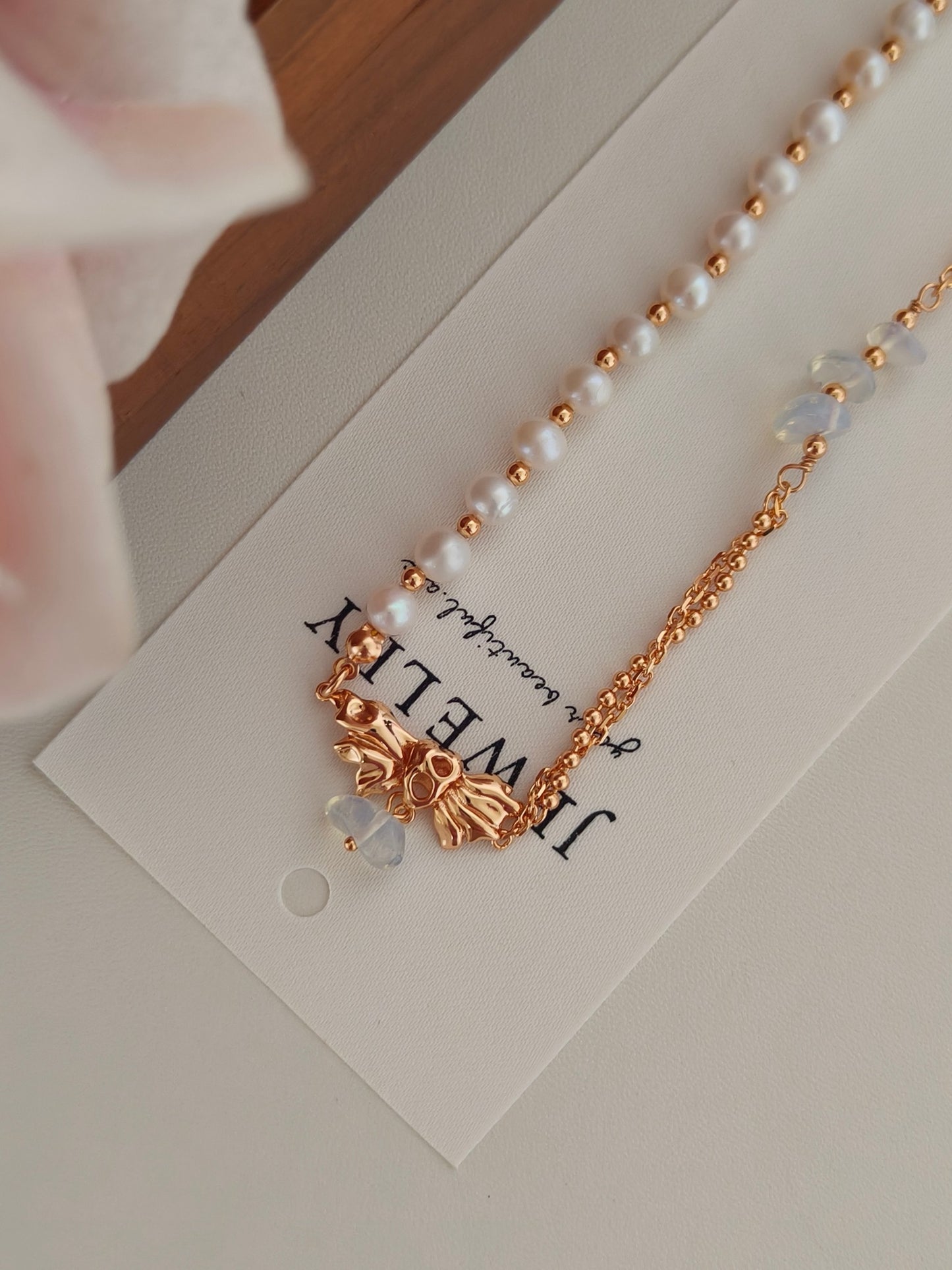 Natural Pearl Moonstone Bow Necklace - 18K Gold Plated Adjustable | Vinajewelry