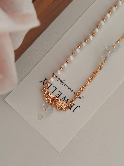 Natural Pearl Moonstone Bow Necklace - 18K Gold Plated Adjustable | Vinajewelry