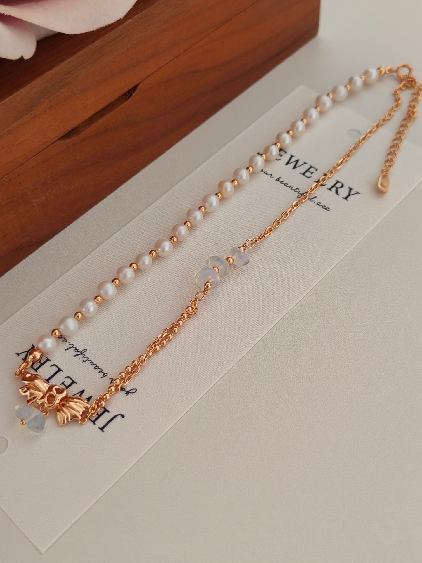 Natural Pearl Moonstone Bow Necklace - 18K Gold Plated Adjustable | Vinajewelry